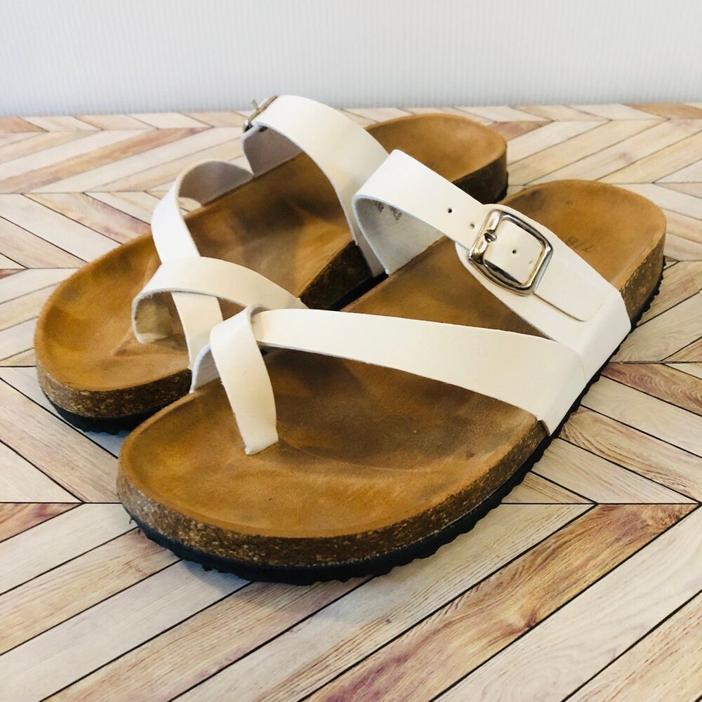 White Brown Toe Loop Strap Buckle Flat Sandals - image 1